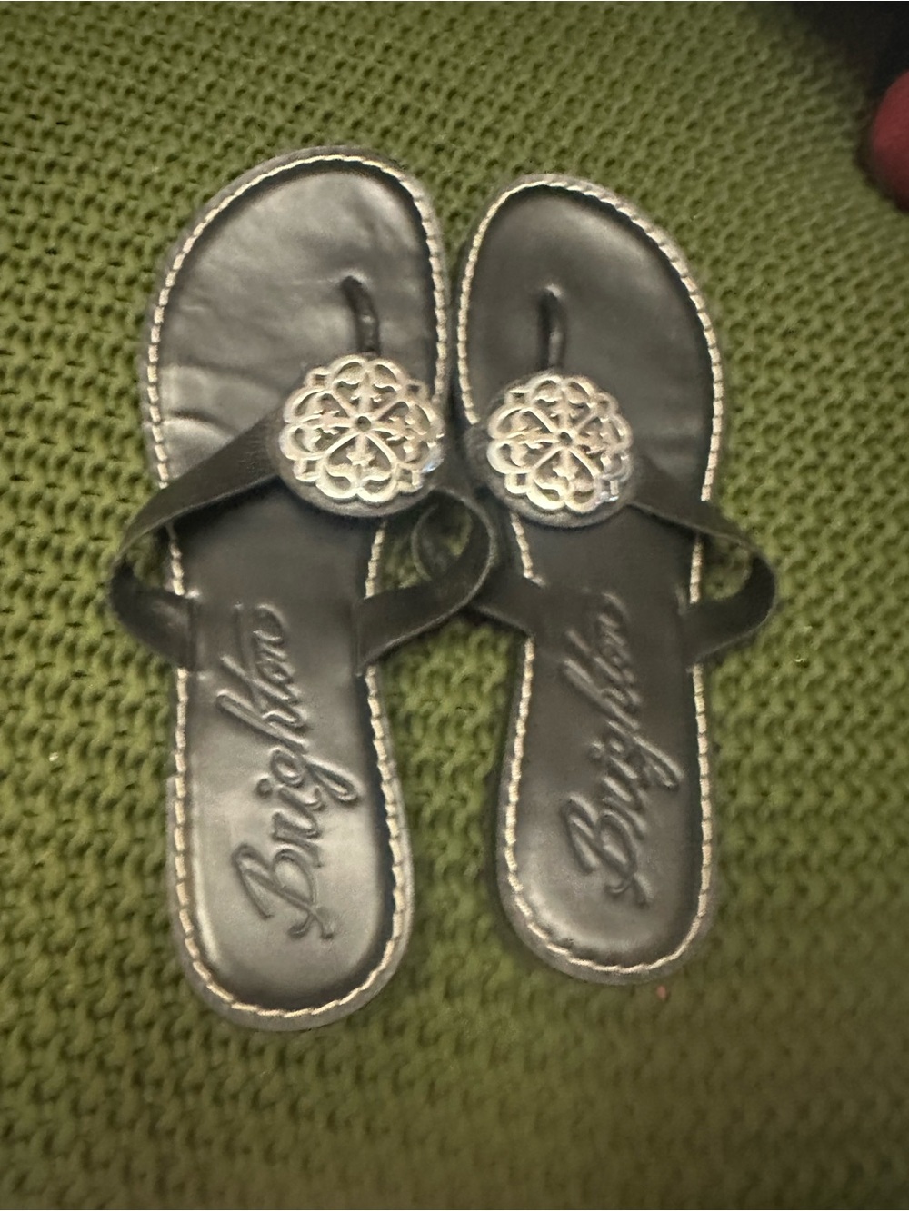 Brighton Black Leather Thong Sandals with Filigree Medallion